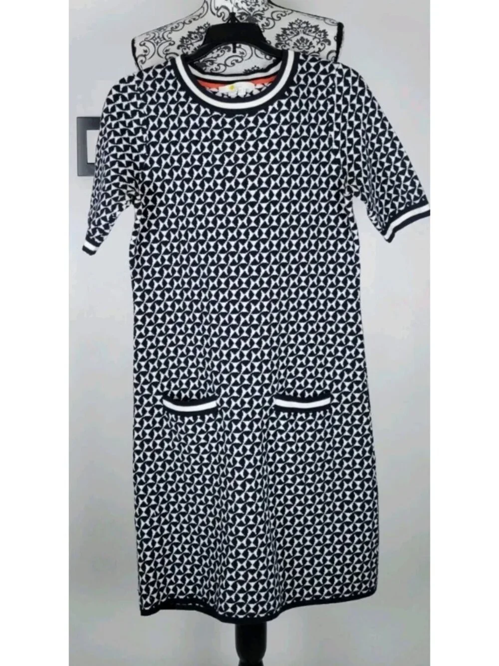 Boden Knit Sweater Dress Size 4 Navy White Geometric Jacquard Short Sleeve Pocke - Picture 1 of 12